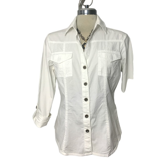 White 3/4 long sleeves Blouse Size M - Picture 7 of 9